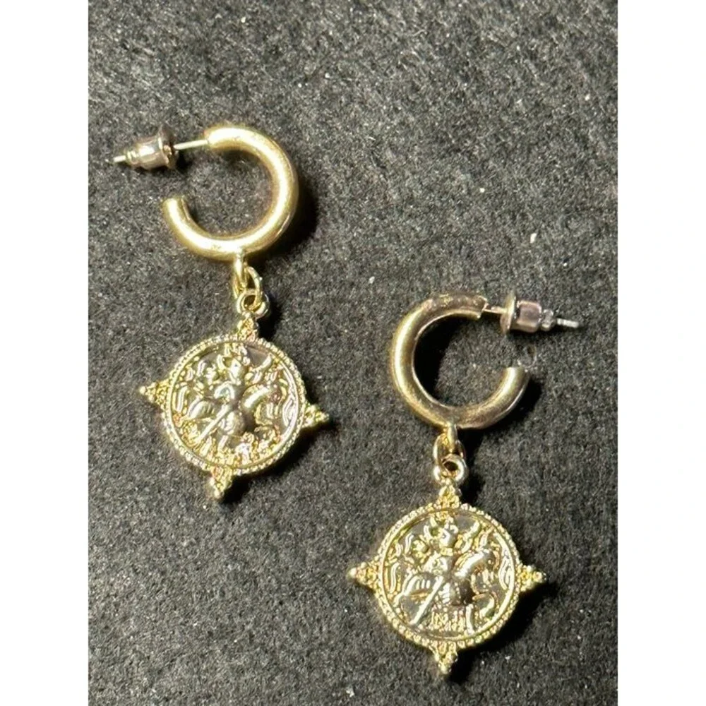 ESPRIT Gold Tone Coin Medallion Charm Dangle Hoop Earrings Embossed Boho New